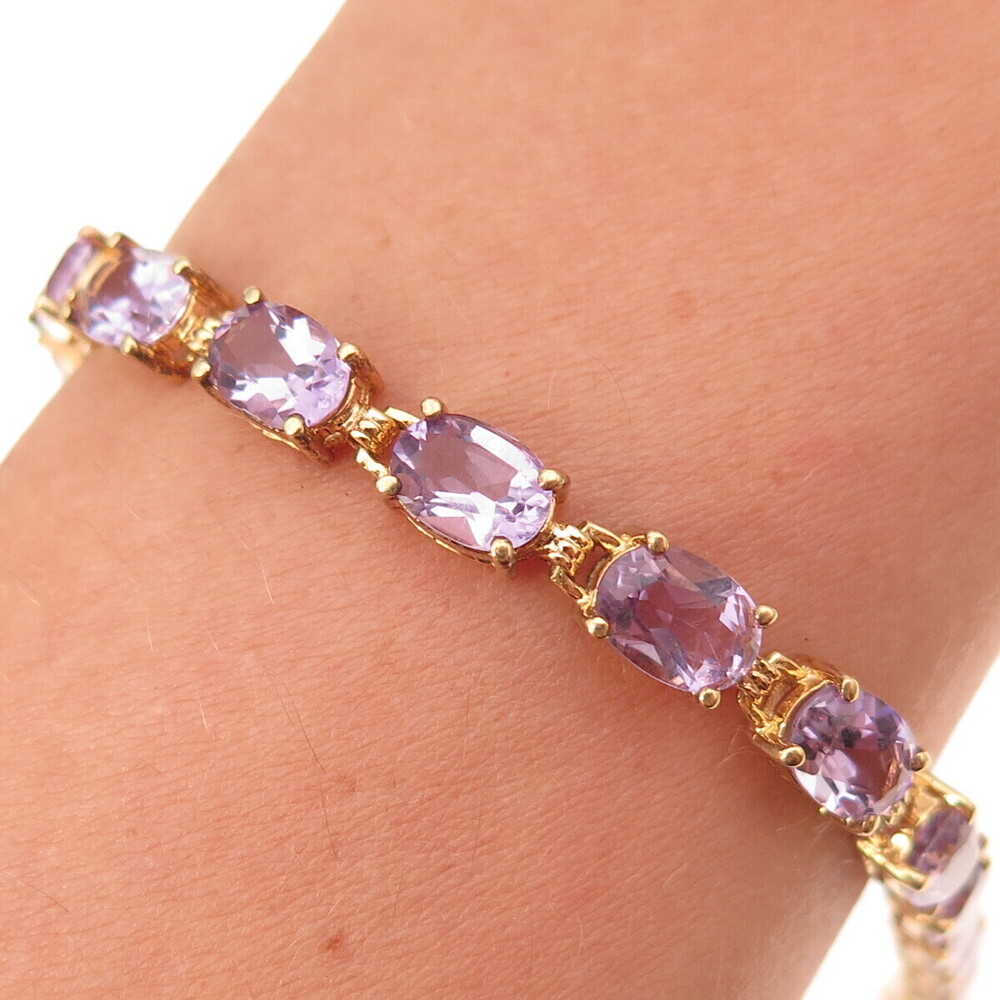 925 Sterling Silver Gold Plated Vintage Real Oval-Cut Amethyst Bracelet 7.5"